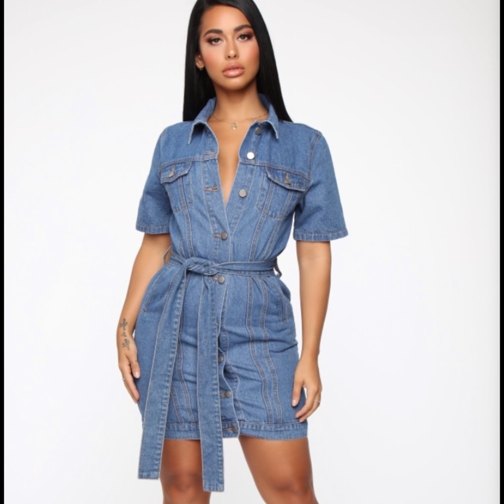 Tie waist denim dress - medium wash